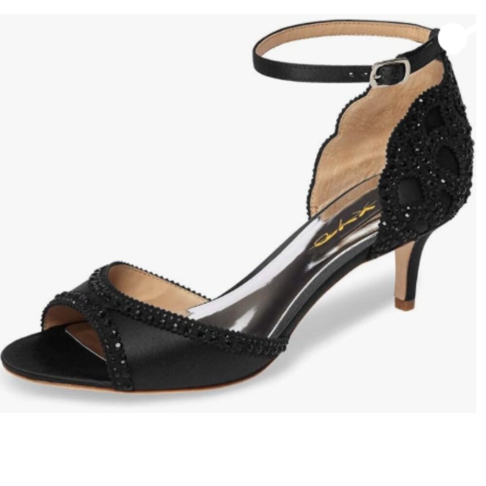 XYD Black Open Toe Rhinestones Ankle Strap Sandals Low Heel Bridal Evening Shoes
